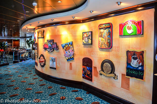 The coffee wall at the Blue Lagoon on the cruise ship Norwegian Pearl.
